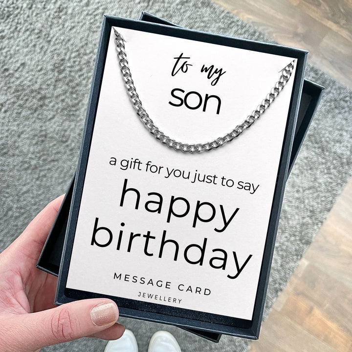 Son's Birthday - Just to Say Happy Birthday Card: Chunky Stainless Steel Curb Chain Necklace Gift