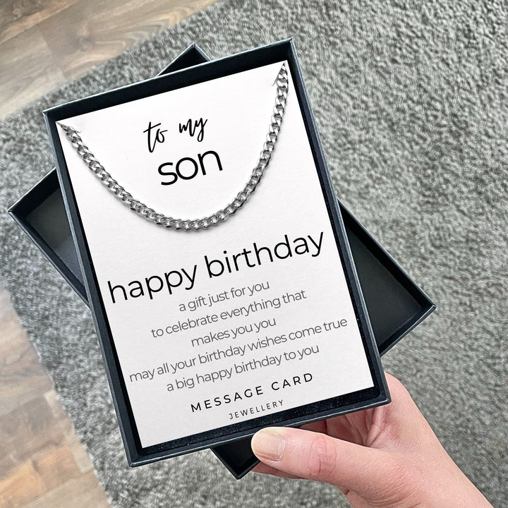 Son's Birthday Necklace - May Your Wishes Come True Chunky Stainless Steel Curb Chain