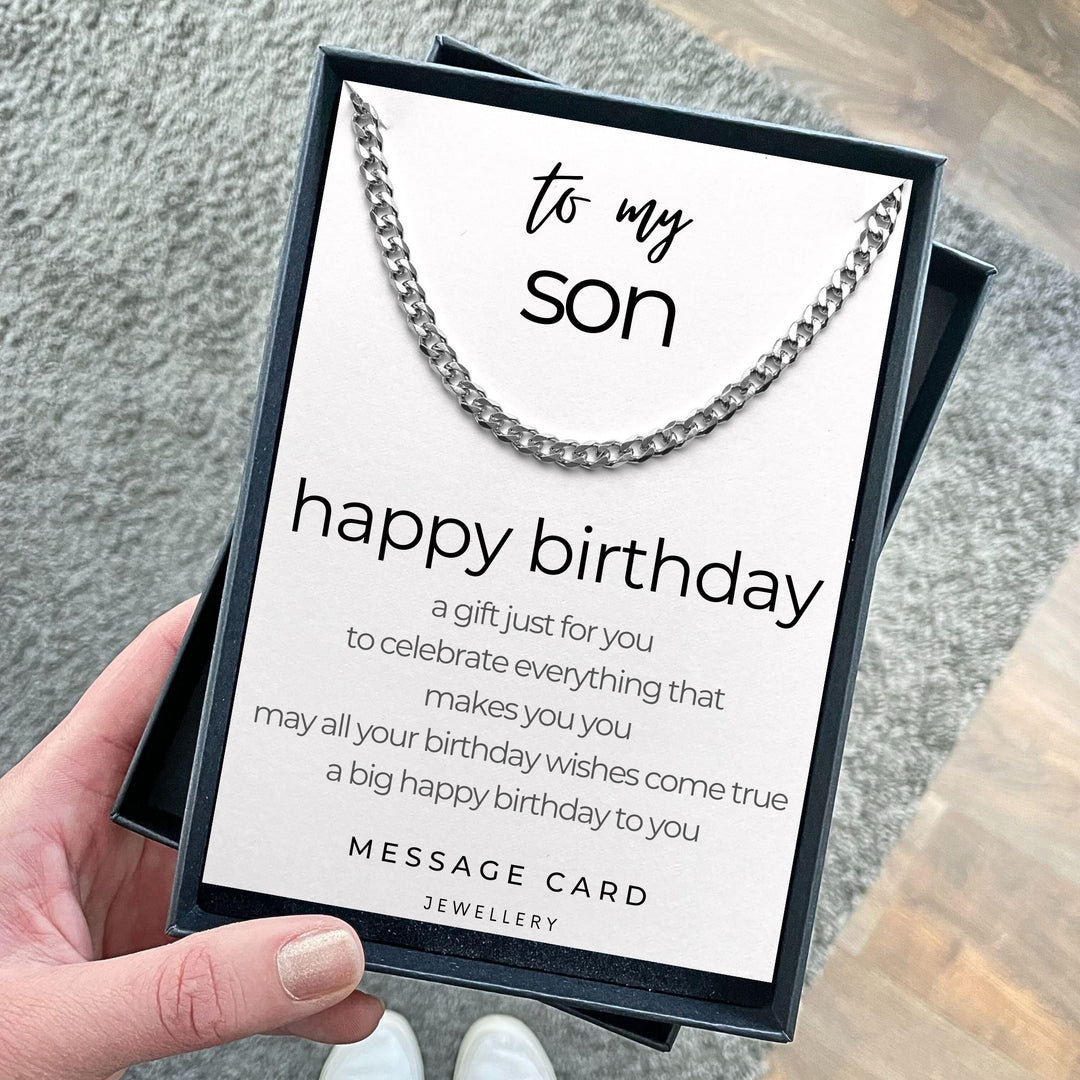 Son's Birthday Necklace - May Your Wishes Come True Chunky Stainless Steel Curb Chain