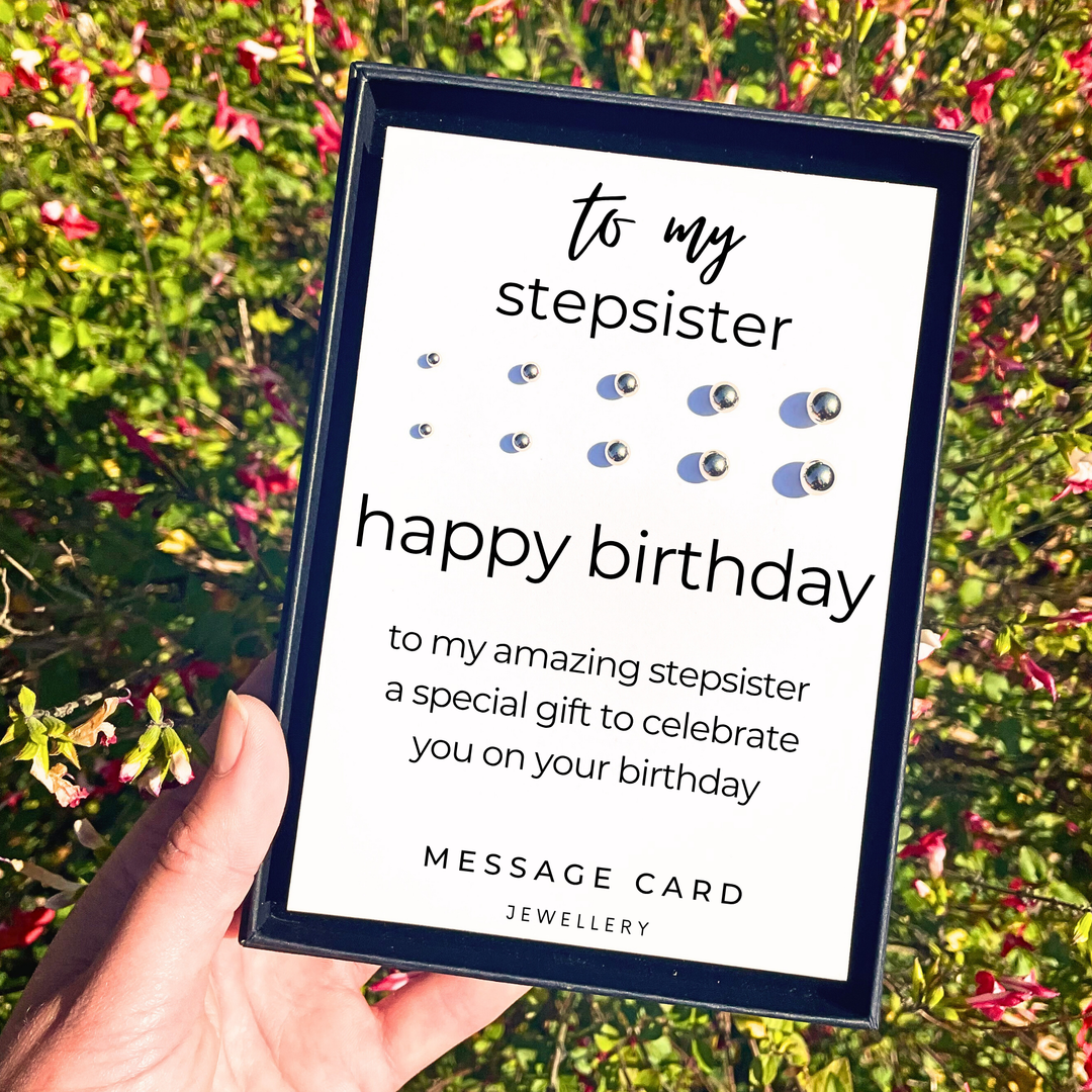 amazing step sister birthday card, earring set for multiple piercings