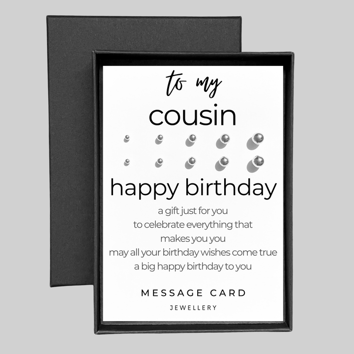 female cousin birthday message card, stud earring gift set