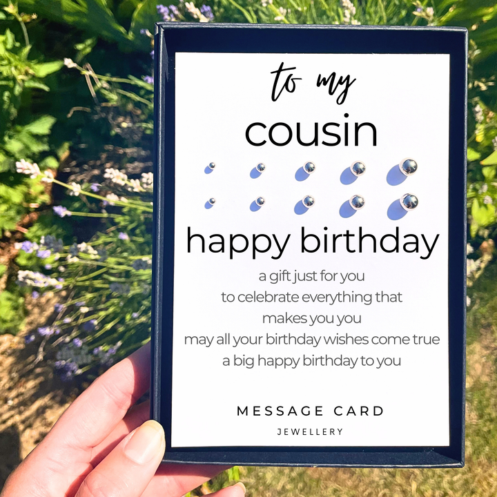 female cousin birthday message card, stud earring gift set